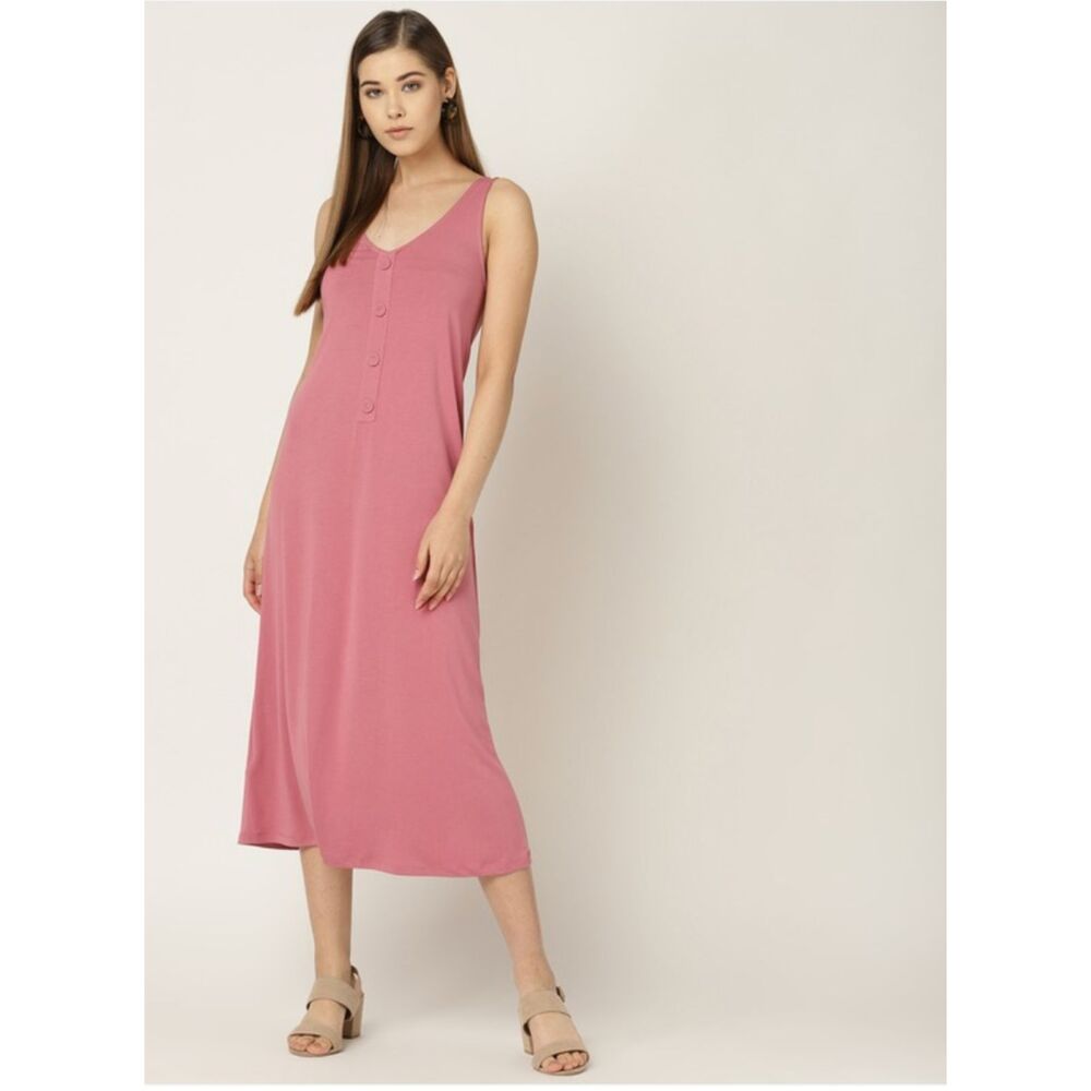 MNG Mango Midi Tank Dress Women's L Pink Casual Sleeveless V Neck Soft Weekend